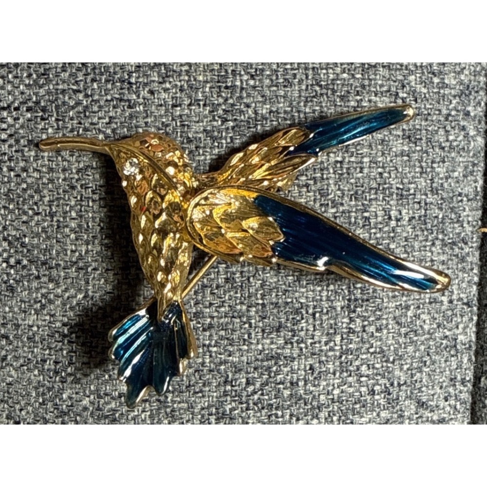 Vintage‎ Gold Tone Hummingbird Brooch Teal Blue Enamel Rhinestone Eye Bird Pin